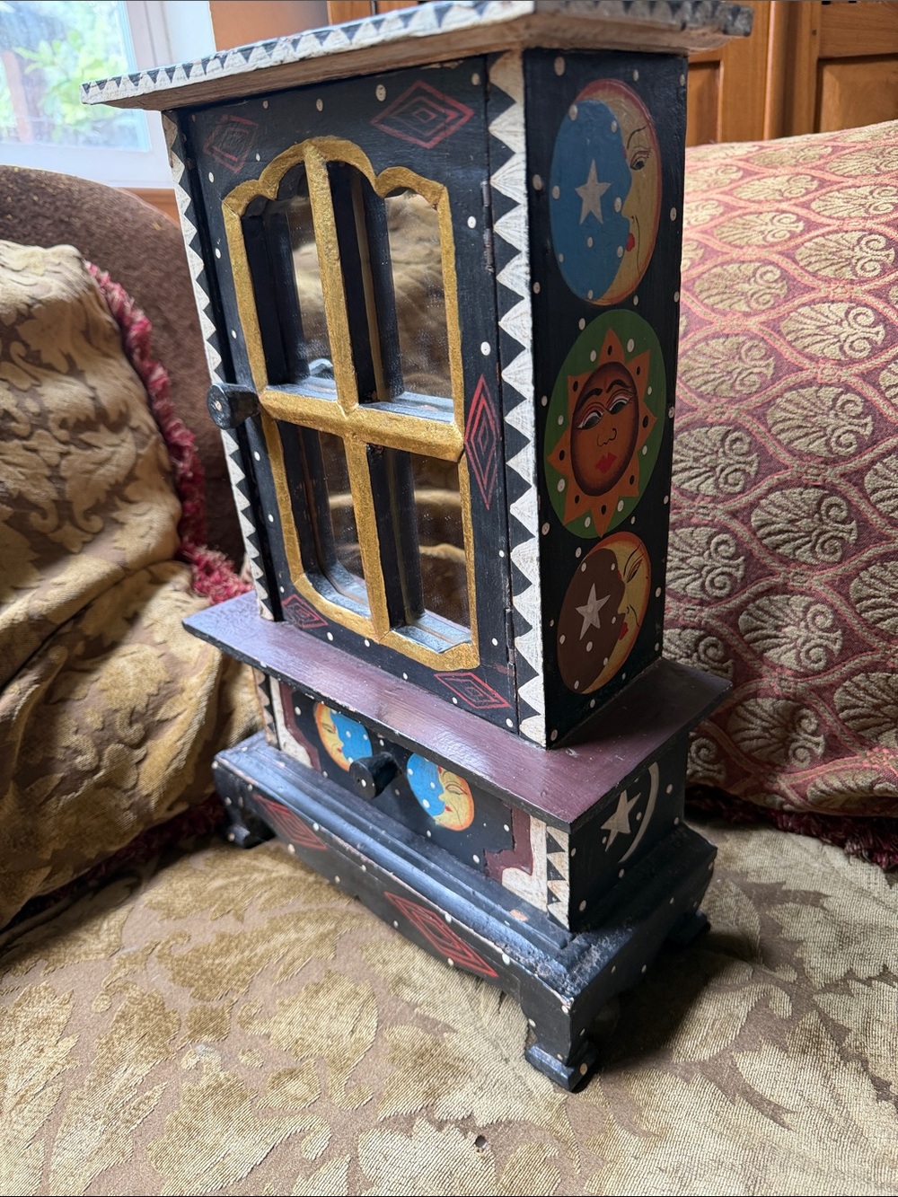 Hand-Painted Bohemian Vintage Wooden Jewelry Cabinet with Sun & Moon